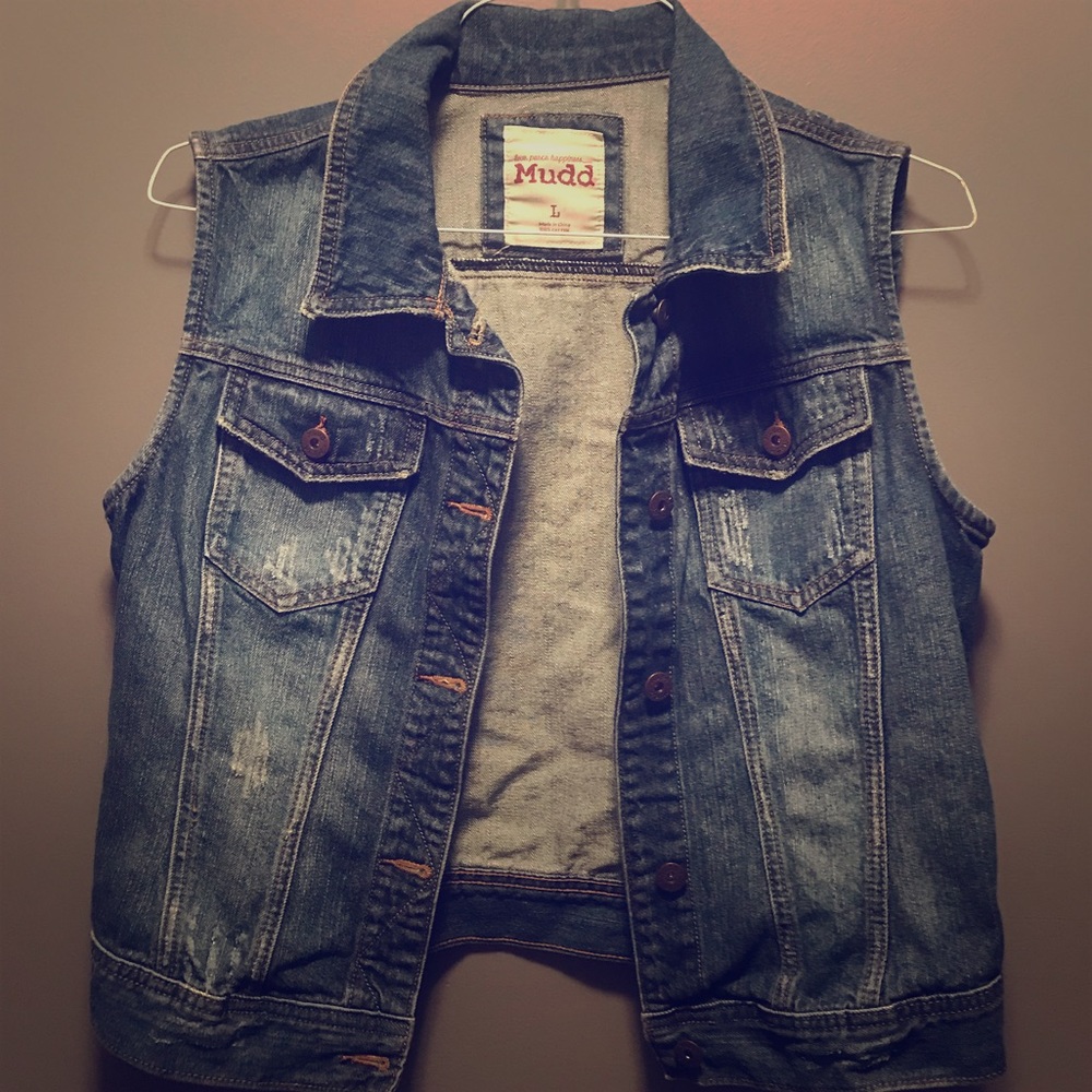 MUDD Denim, Distressed, Sleeveless Jean Jacket